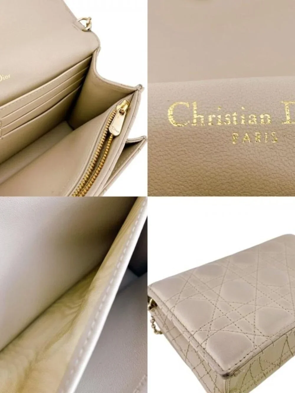 Dior Lady Logo Leather Wallet Chain Beige Handbag